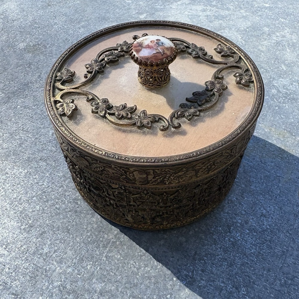 Antique Beveled Glass & Brass Jewelry Box Trinket Casket Ornate Filigree Ormolu
